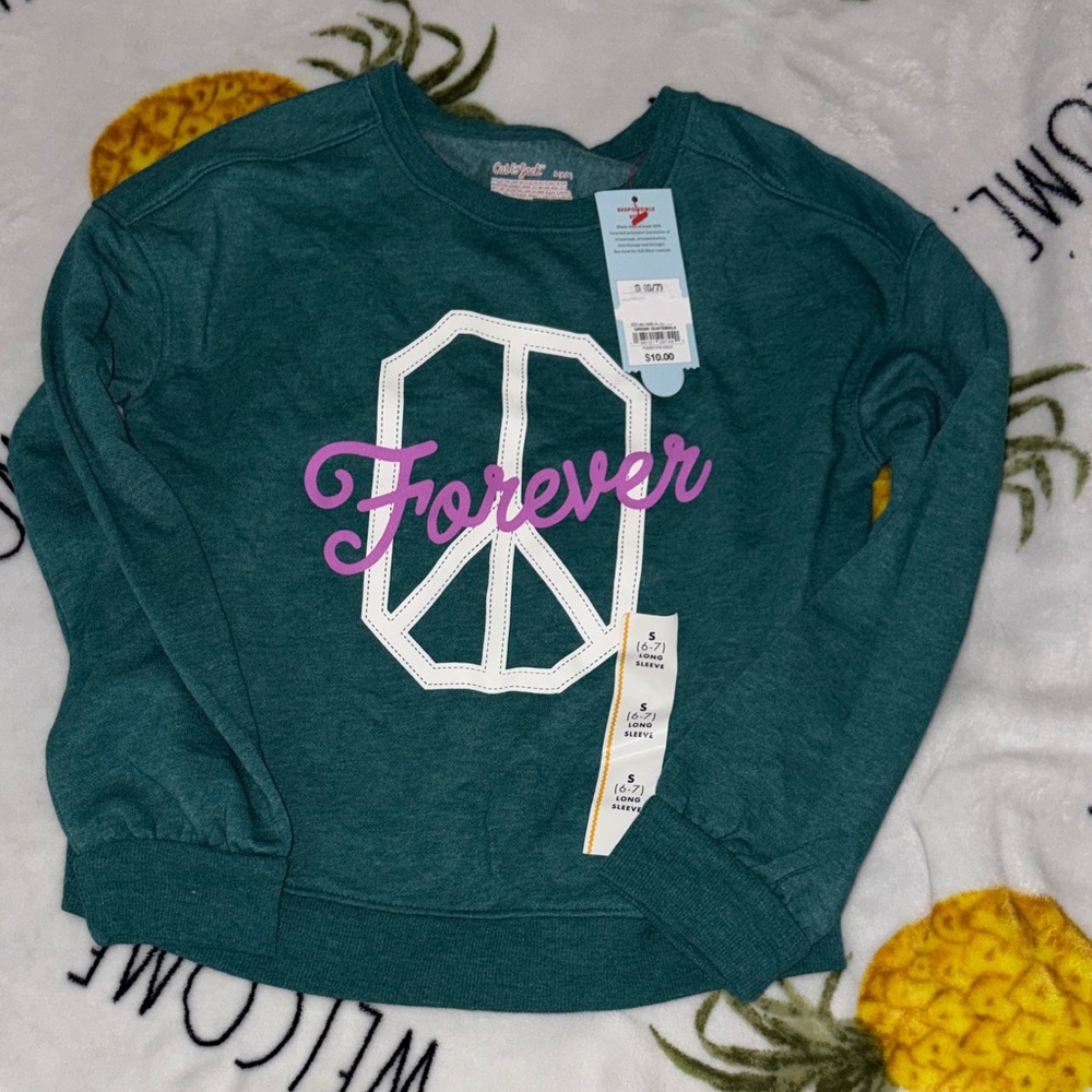 Forever Teal Sweater with Peace Sign small 6/7